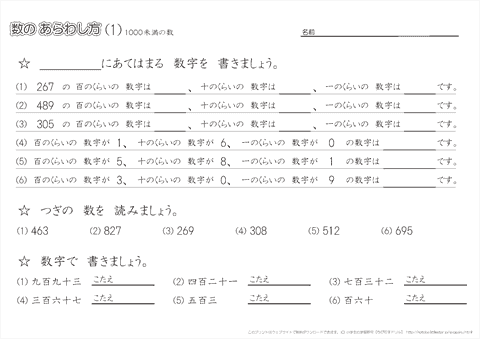 小学２年生の算数 【１千までの数の表し方】 練習問題プリント