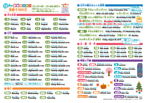 小学英語【英語で365日（月・日付・曜日などの英単語、何月何日・誕生日などの英会話）】 学習ポスター＆クイズテスト＆やってみよう！