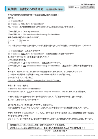 【疑問詞】 疑問文への答え方（主語と動詞に注意）解説プリント