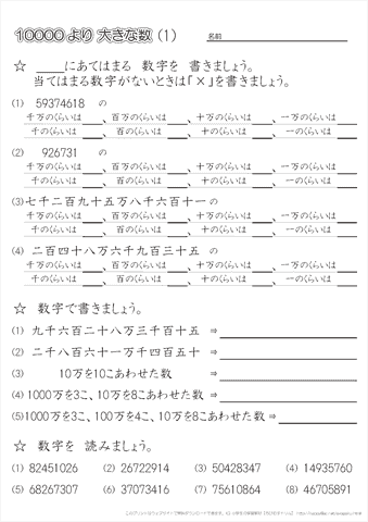 小学３年生の算数 【１万より大きな数の表し方】 練習問題プリント