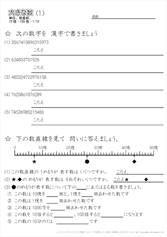 小学４年生の算数 【大きな数（単位、数直線、億、兆、10倍・100倍・1/10）】 練習問題プリント