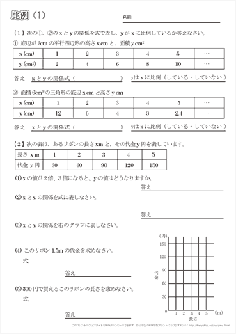 小学６年生の算数 【比例】 練習問題プリント