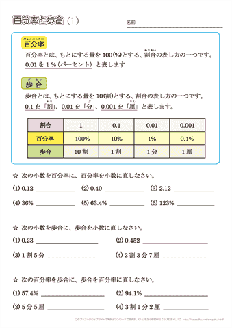 小学５年生の算数 【百分率と歩合（割合の表し方）】 練習問題プリント