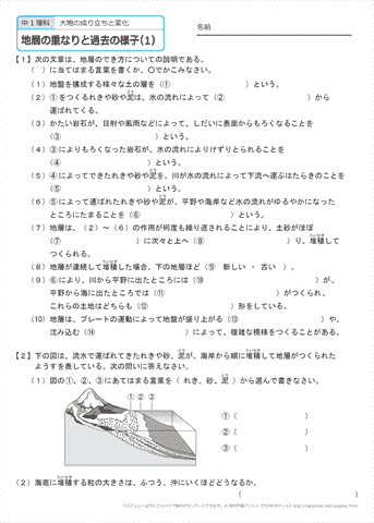 中学１年生 理科　【地層の重なりと過去の様子】　練習問題プリント  無料ダウンロード・印刷