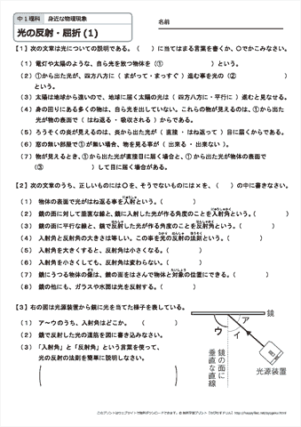 中学１年生 理科　【光の反射・屈折】　練習問題プリント  無料ダウンロード・印刷