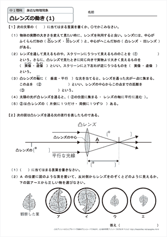 中学１年生 理科　【凸レンズの働き】　練習問題プリント  無料ダウンロード・印刷