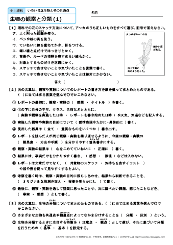 中学１年生 理科　【生物の観察と分類】　練習問題プリント 無料ダウンロード・印刷