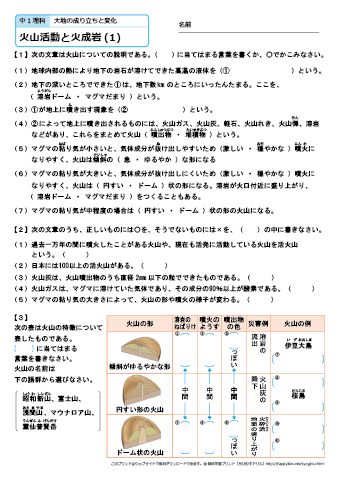 中学１年生 理科　【火山活動と火成岩】　練習問題プリント 無料ダウンロード・印刷