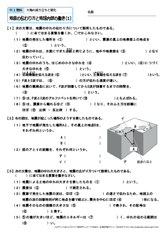 中学１年生 理科　【地震の伝わり方と地球内部のはたらき】　練習問題プリント 無料ダウンロード・印刷