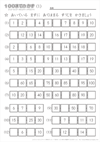 小学１年生の算数 【100までの数の数え方】穴埋め 練習問題プリント