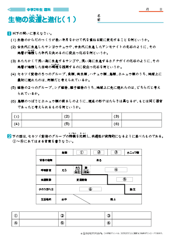 中学２年生 理科 【生物の変遷と進化】 練習問題プリント　無料ダウンロード・印刷