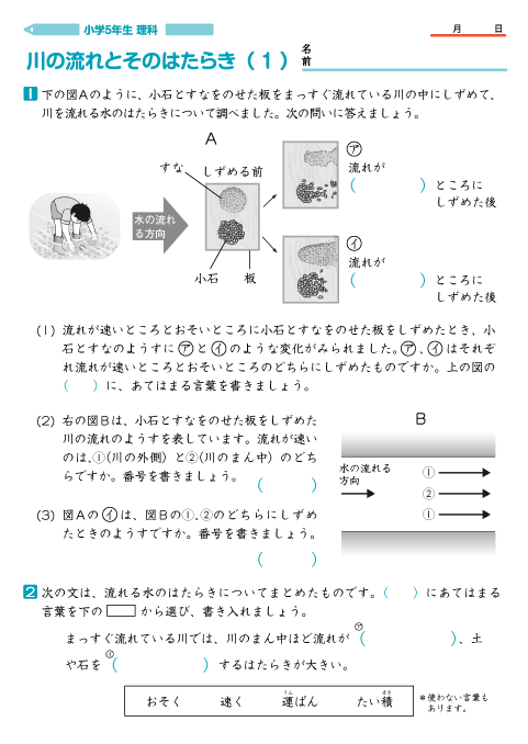 小学５年生理科 【川の流れとそのはたらき】 問題プリント