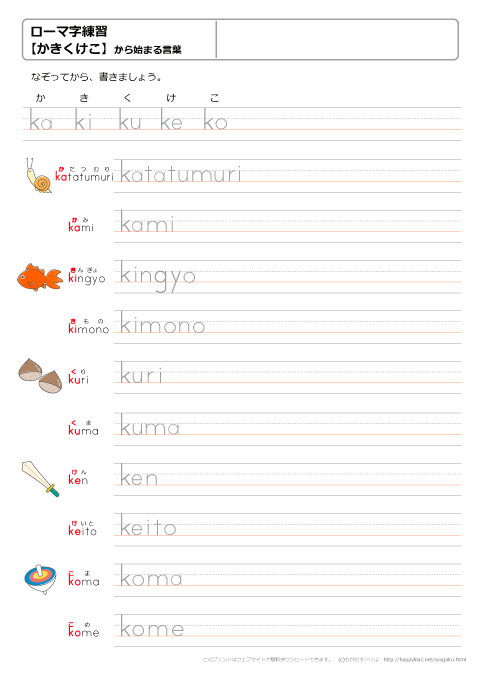 ローマ字練習プリント　【かきくけこ】