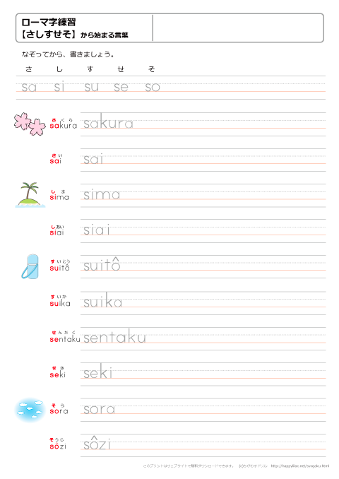 ローマ字練習プリント　【さそしせそ】