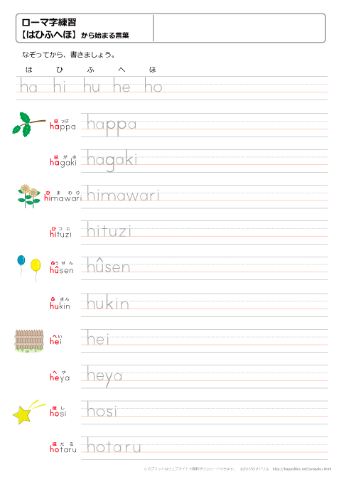 ローマ字練習プリント　【はひふへほ】
