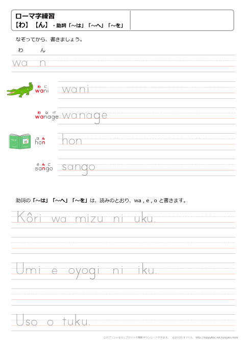 ローマ字練習プリント　【わ ん】・【助詞 「～は」「～へ」「～を」】