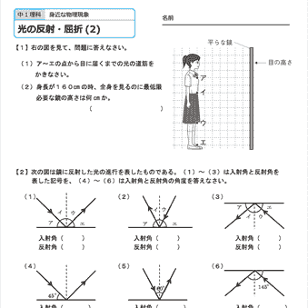 中１理科【光の反射・屈折】　練習問題プリント