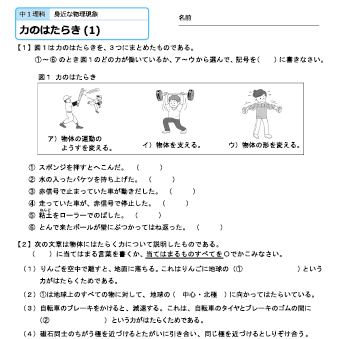 中１理科【力のはたらき】　練習問題プリント 