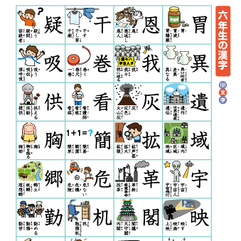 【イラスト付き】学年別 小学漢字　一覧表 学習ポスター（1～6年生で習う1026字の漢字）