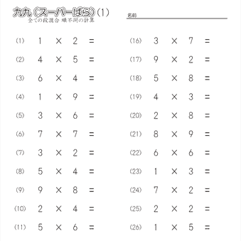 小２算数 九九（すべての段混合）練習プリント