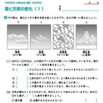 小学５年生理科 【雲と天気の変化】 問題プリント