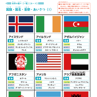 世界の国旗 一覧表・国旗カード(国名・首都・あいさつ) 196カ国)