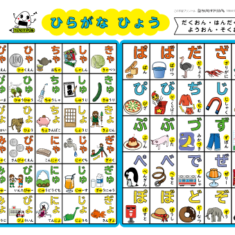 ひらがな表【濁音・半濁音・拗音・促音】(イラスト・例語入り)