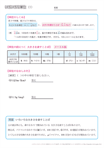 小学６年生の算数 【単位の計算・単位変換】 練習問題プリント