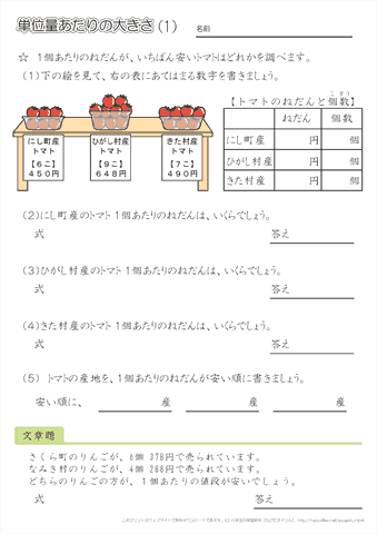 小学５年生の算数 【単位量あたりの大きさ】 練習問題プリント