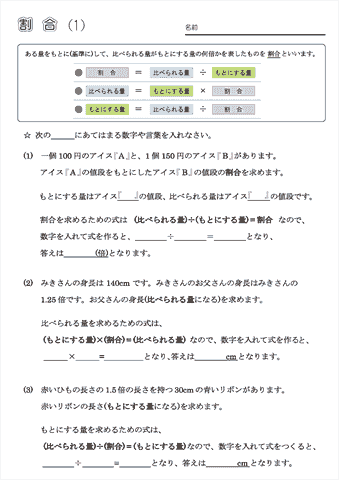 小学５年生の算数 【割合（割合・比べる量・もとにする量の意味と求め方）】 練習問題プリント