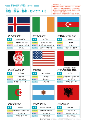 世界の国旗 一覧表・国旗カード（国名・首都・あいさつ） 196カ国