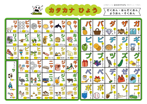 かたかな表【濁音・半濁音・拗音・促音】（イラスト・例語入り）　無料ダウンロード・印刷